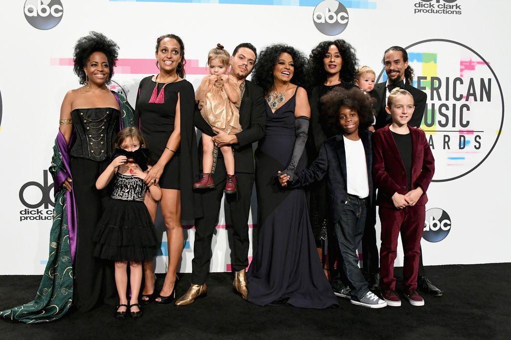 Rhonda Ross Kendrick, Callaway Lane, Chudney Ross, Evan Ross, Jagger Snow Ross, Diana Ross, host Tracee Ellis Ross, Raif-Henok Emmanuel Kendrick, Indigo Naess, Ross Naess, and Bronx Wentz pose in the press room during the 2017 American Music Awards at Microsoft Theater on November 19, 2017 in Los Angeles, California