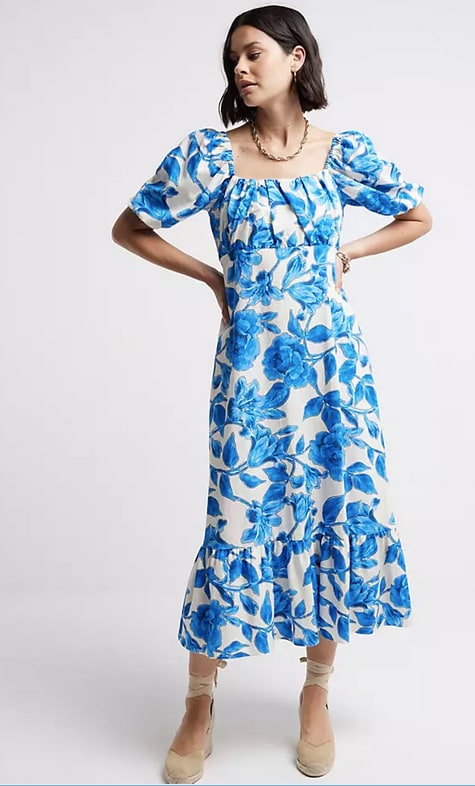 river island blue floral puff sleeve swing midi dress.