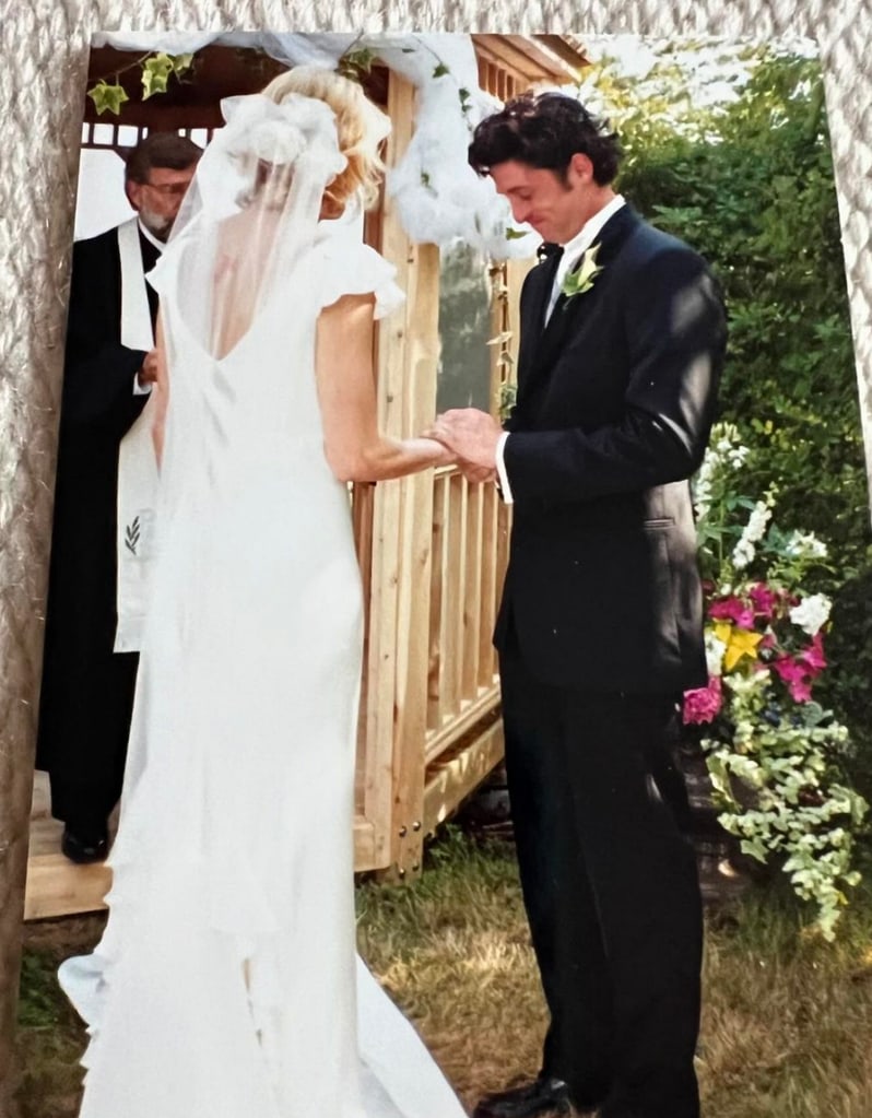 Throwback photo shared by Patrick Dempsey of his wedding to wife Jillian Fink in honor of their 25th wedding anniversary on July 31, 1999