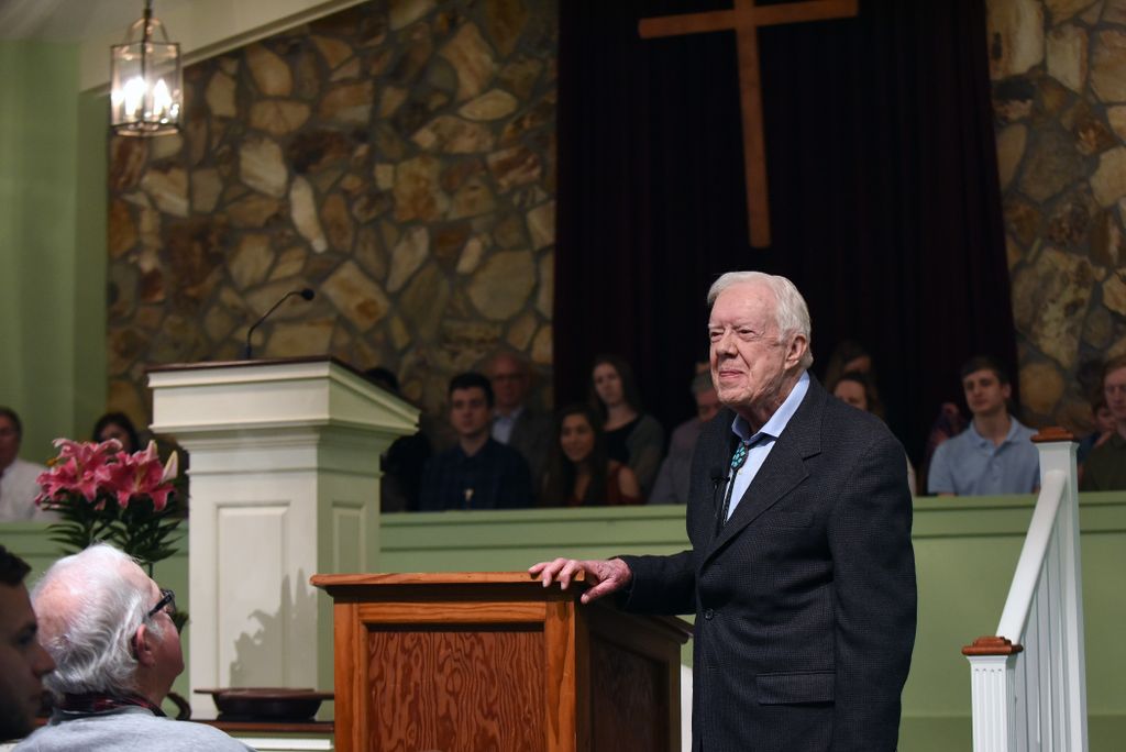 Former U.S. President Jimmy Carter speaks to the congregation at Maranatha Baptist Church before teaching Sunday school in his hometown of Plains, Georgia on April 28, 2019