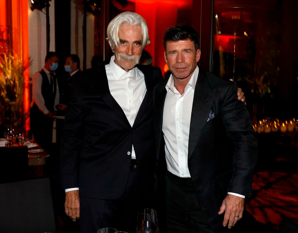 Sam Elliott (L) and Taylor Sheridan attend the after party for the world premiere of "1883" at SW Steakhouse at Wynn Las Vegas on December 11, 2021 in Las Vegas, Nevada