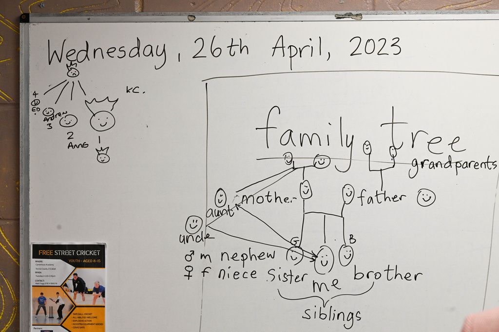 A whiteboard with drawings of a family tree