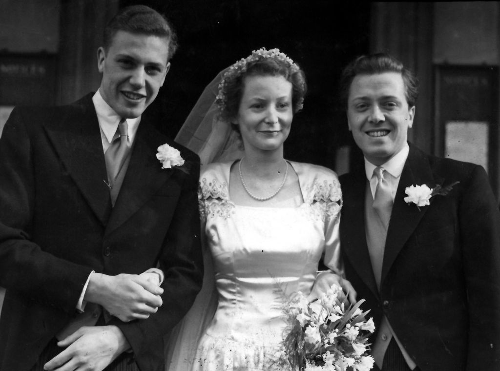 Black-and-white photo of David Attenborough and Jane Oriel's wedding