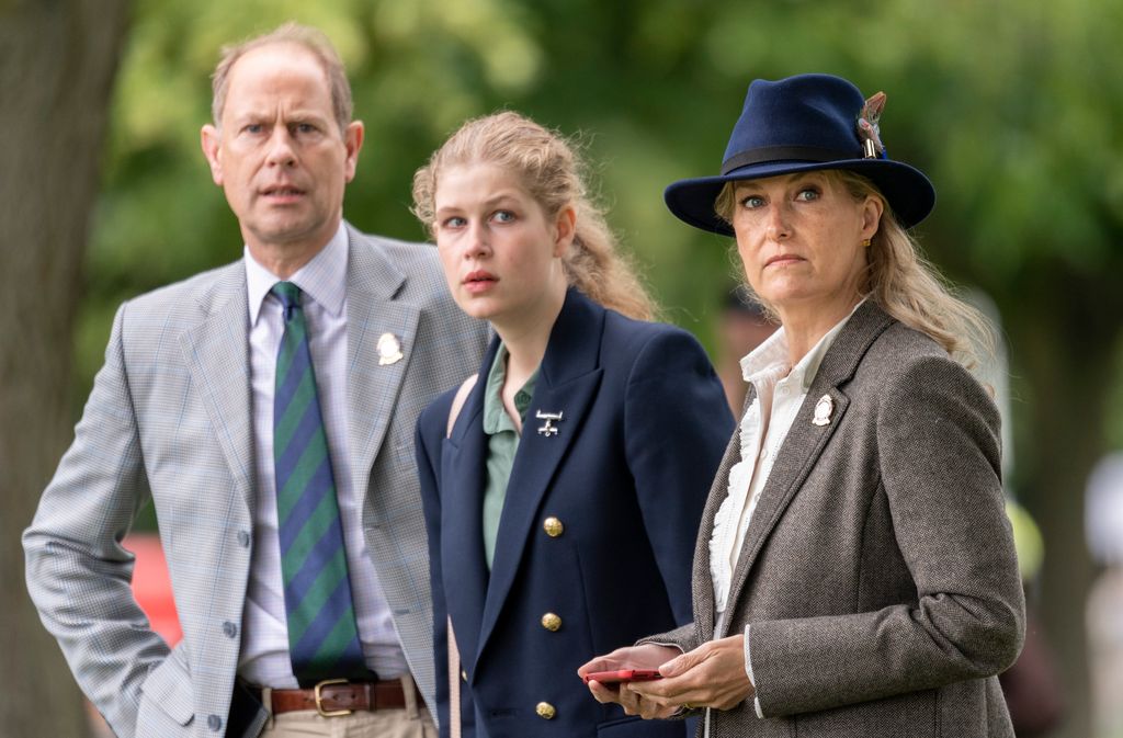 WINDSOR, ENGLAND - JULY 3: Prince Edward, Earl of Wessex and Sophie, Countess of Wessex with Lady Louise Windsor watch the Carriage Driving during the Royal Windsor Horse Show 2021 at Windsor Castle on July 3, 2021 in Windsor, England. (Photo by Mark Cuthbert/UK Press via Getty Images)