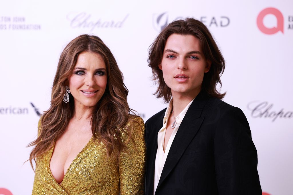 Elizabeth Hurley and Damian Hurley at the 32nd Annual Elton John AIDS Foundation Academy Awards Viewing Party held at The City of West Hollywood Park on March 10, 2024 in West Hollywood, California. (Photo by Elyse Jankowski/Variety via Getty Images)