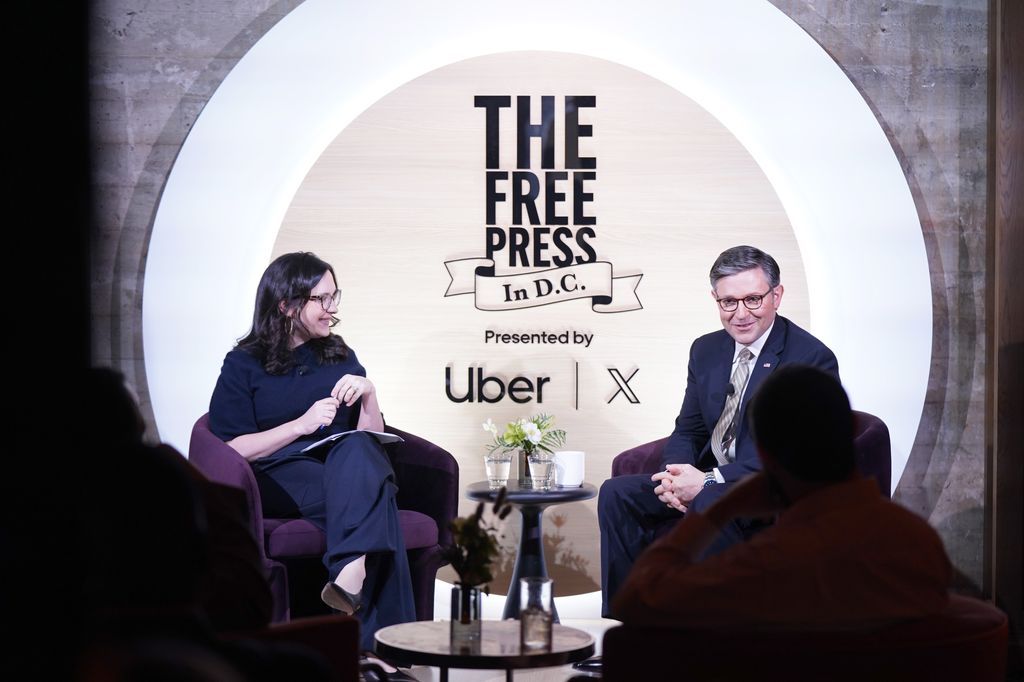 The Free Press' Honestly with Bari Weiss (L) hosts Speaker of the House Mike Johnson (R) presented by Uber and X on January 17, 2025 in Washington, DC