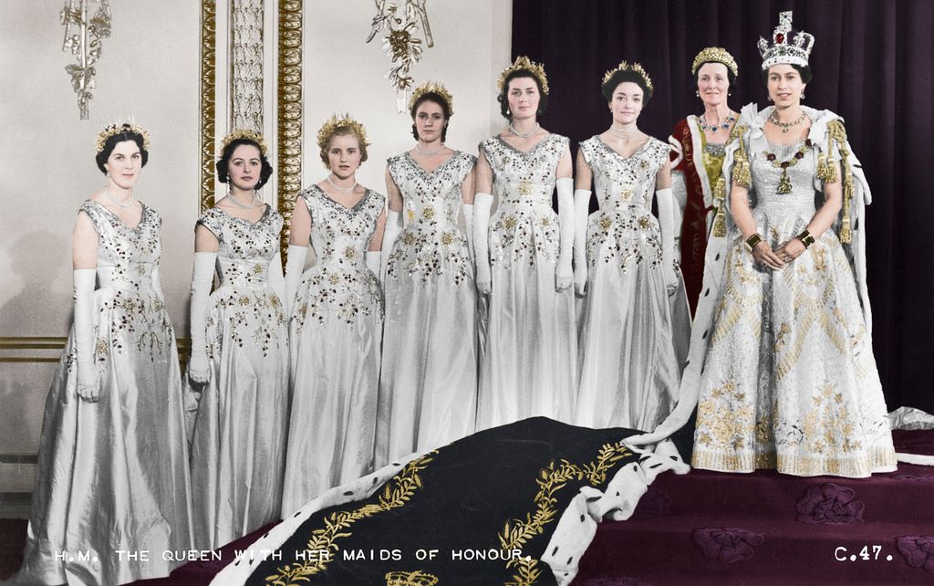 HM Queen Elizabeth II with her maids of honour, Green Drawing Room, Buckingham palace on her coronation day