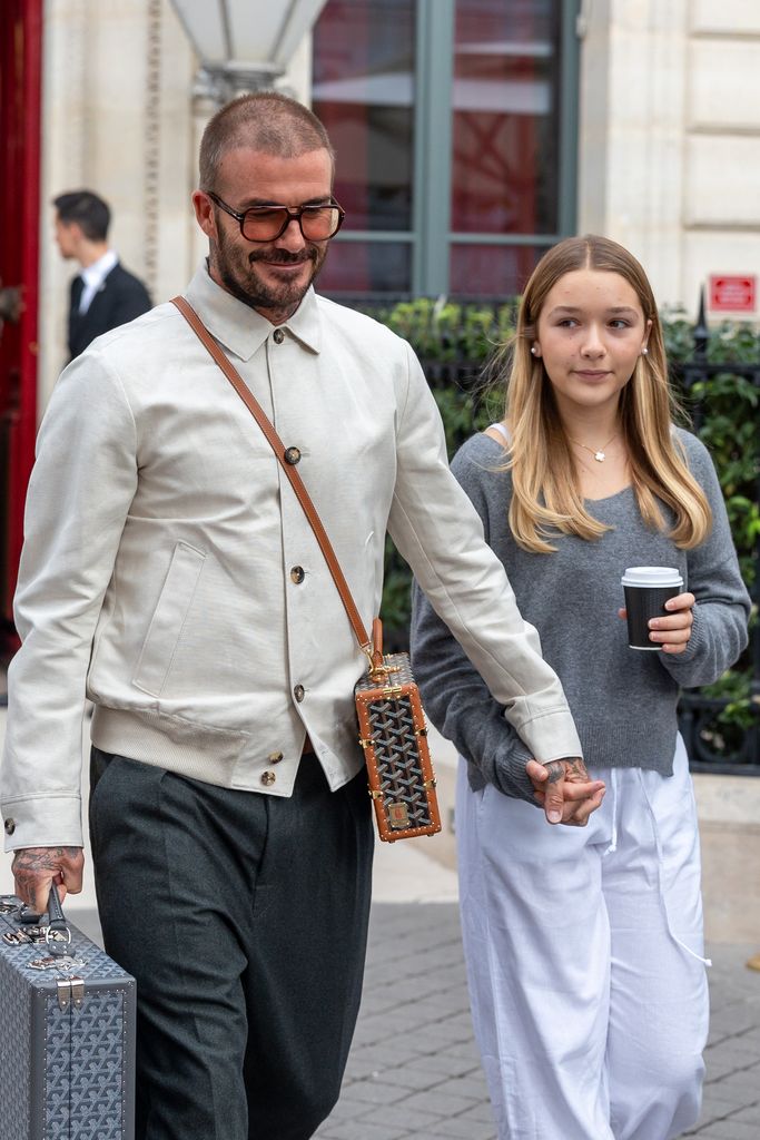 David Beckham and daughter Harper Beckham are seen on September 30, 2023 in Paris, France. 