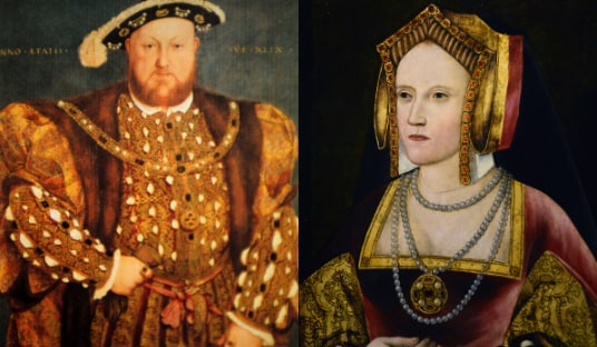 Henry VIII and Catherine of Aragon in a split image