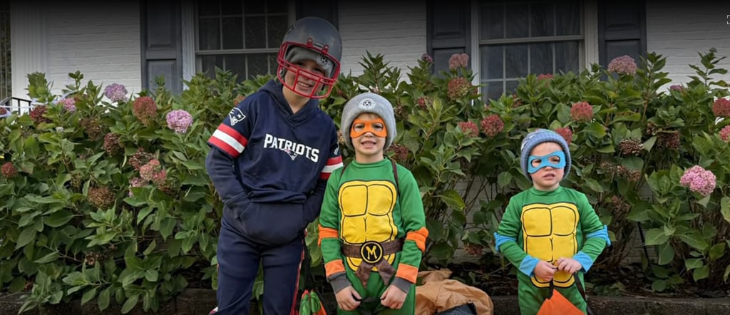 Photo shared by Dylan Dreyer of her sons Calvin, Oliver and Rusty during their first Halloween since moving out to the suburbs