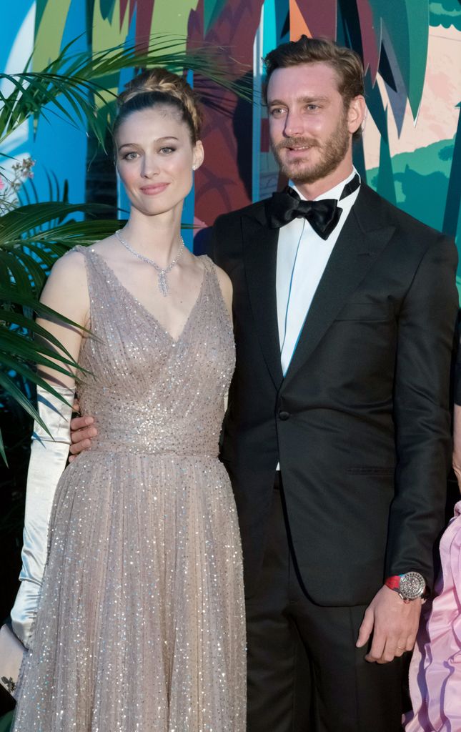 Beatrice Borromeo stuns in a champagne sequin gown with long gloves and diamond jewellery at a formal event.