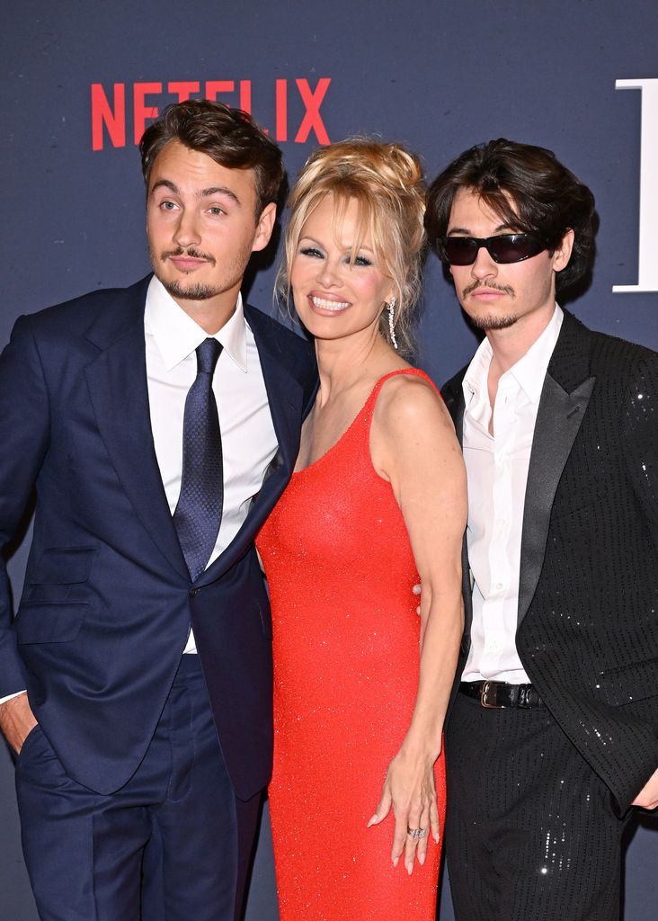 Brandon Thomas Lee, Pamela Anderson, and Dylan Jagger Lee attend the Premiere of Netflix's "Pamela, a love story" on January 30, 2023 in Hollywood