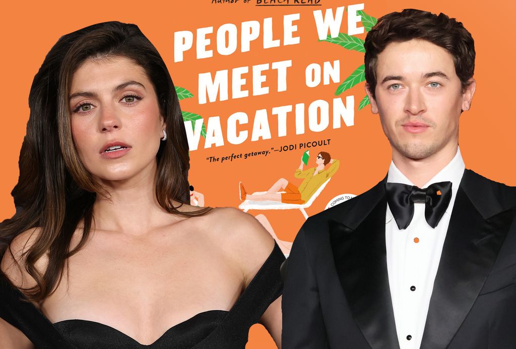 Composite image of Emily Bader, Tom Blyth and the cover of People We Meet On Vacation