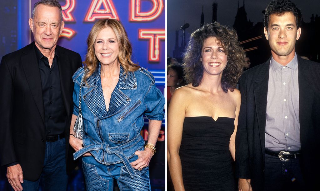 tom hanks and rita wilson smiling on the left and a younger version of them on the right