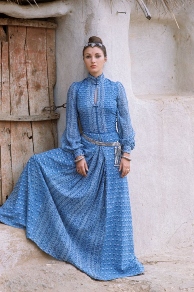 Jane Seymour models for Monsoon in blue dress in her youth