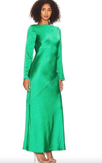 green high neck long sleeve satin dress