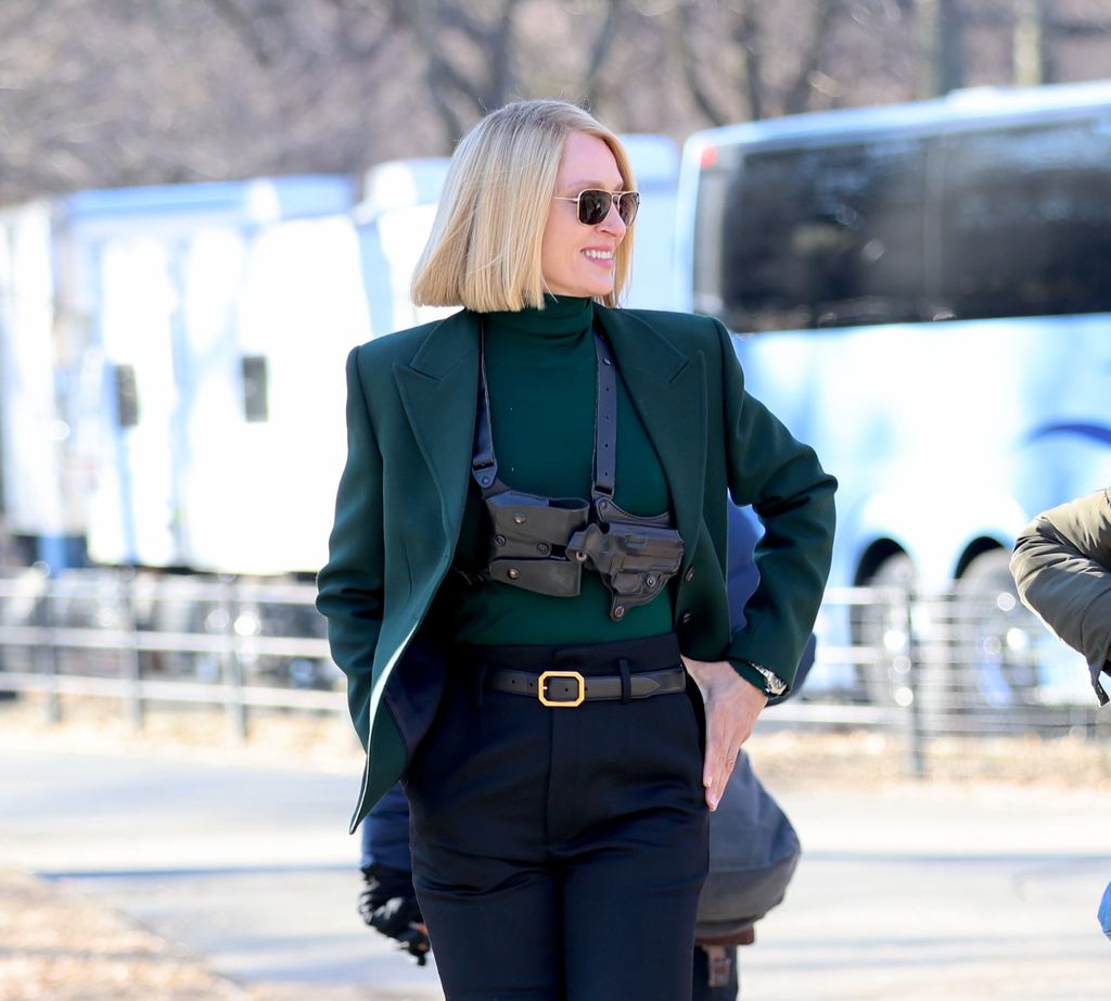 Uma Thurman is seen on the set of "Dexter: Resurrection" in Central Park on March 03, 2025 in New York City