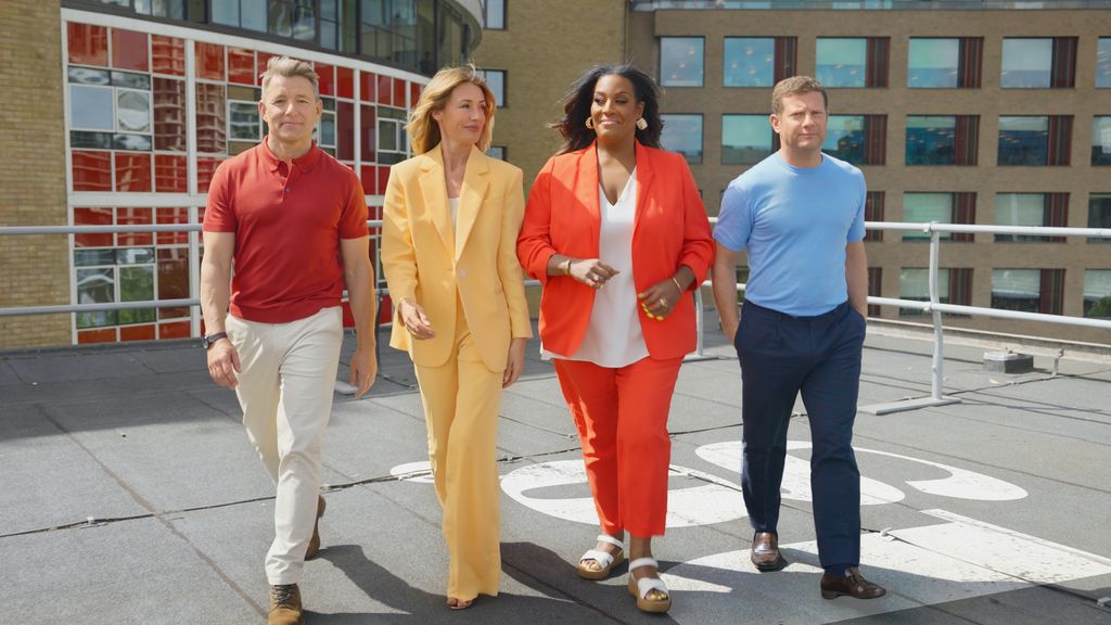 Ben Shephard, Cat Deeley, Alison Hammond and Dermot O'Leary on the roof of the iconic Television Centre