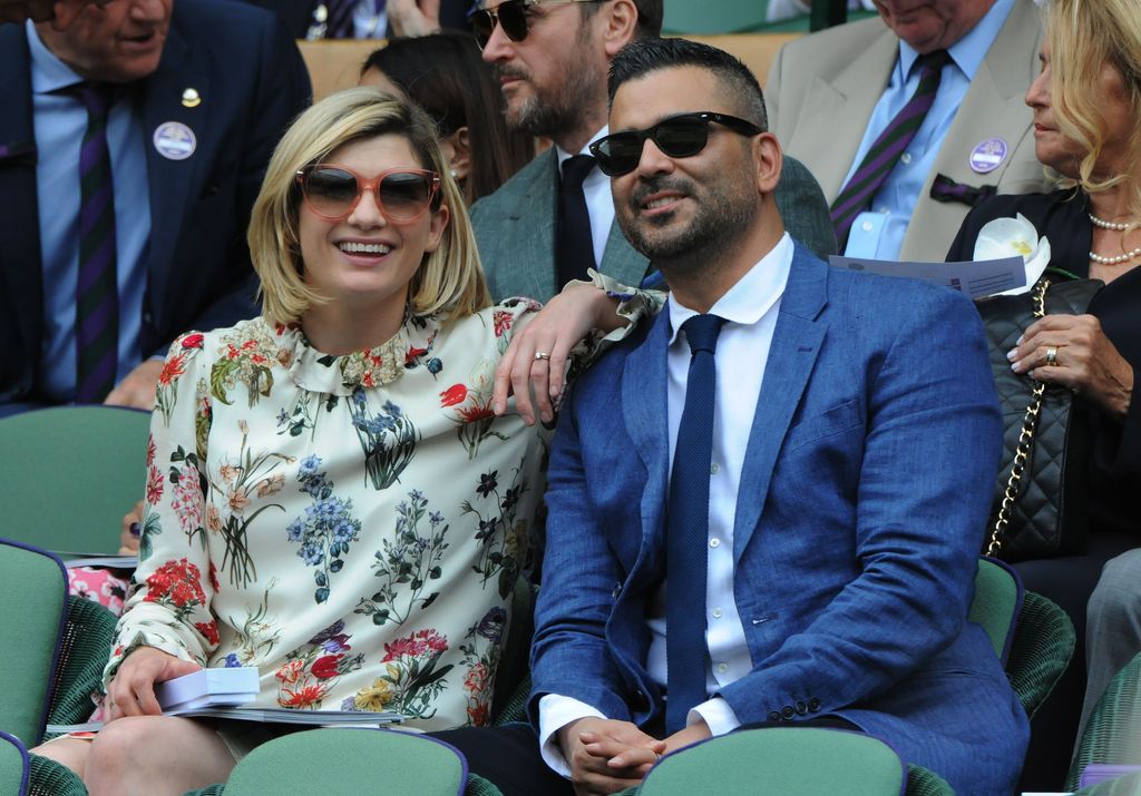 Actress Jodie Whittaker in the Royal box with husband, American actor, Christian Contreras at Wimbledon, 2019
