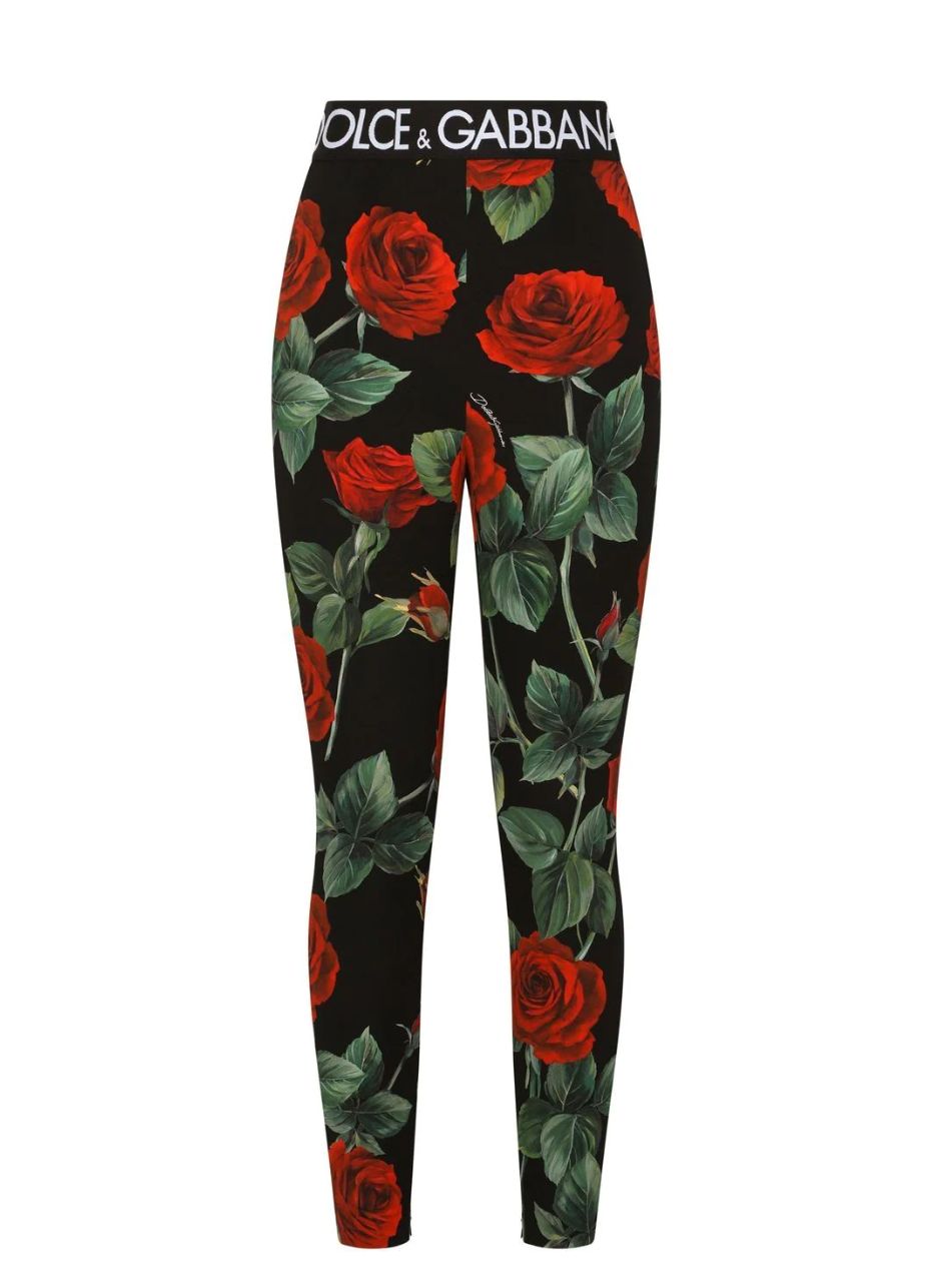 Rose-print charmeuse leggings