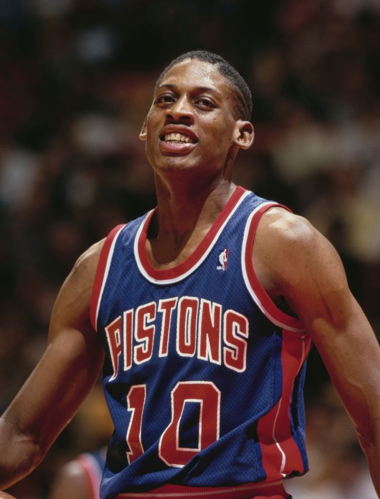 Dennis Rodman #10, Power Forward for the Detroit Pistons during the NBA Central Division basketball game against the Atlanta Hawks on 16th December 1986 \