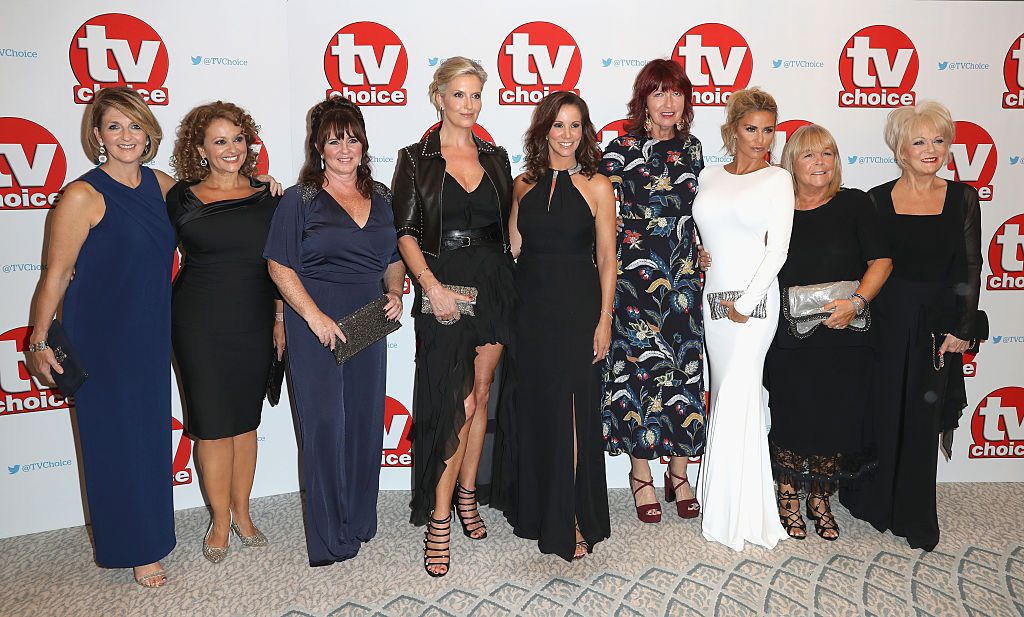 Loose Women Panelists Kaye Adams, Nadia Sawalha, Coleen Nolan, Penny Lancaster, Andrea McLean, Janet Street-Porter, Katie Price, Linda Robson and Sherrie Hewson arrive for the TV Choice Awards at The Dorchester