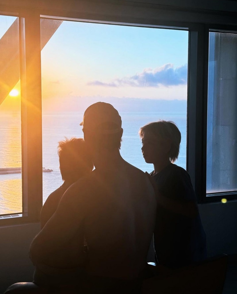 Photo shared by Chris Hemsworth on Instagram July 2024 with his twin sons Tristan and Sasha during a trip to Spain