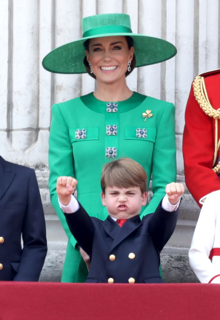 Prince Louis of Cambridge and Catherine, Princess of Wales watch the fly-past on the Buckingham Palace balcony during Trooping the Colour on June 17, 2023 in London, England. Trooping the Colour is a traditional parade held to mark the British Sovereign's official birthday. It will be the first Trooping the Colour held for King Charles III since he ascended to the throne. (Photo by Chris Jackson/Getty Images)