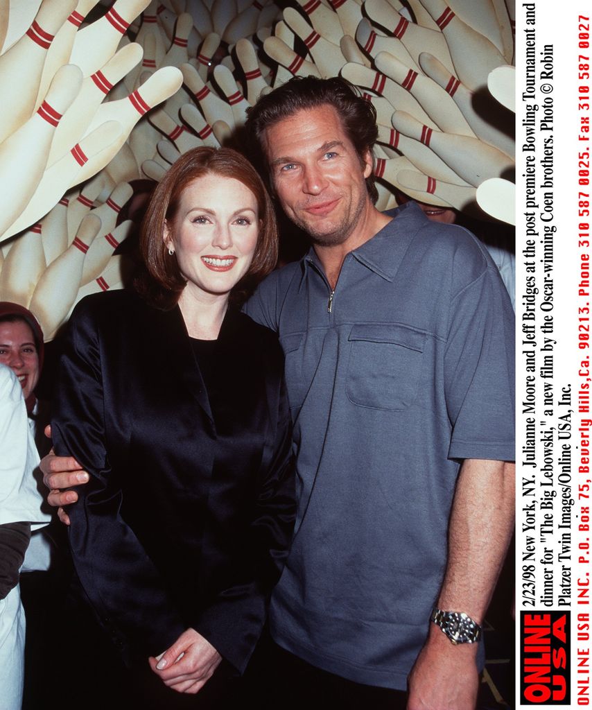 Julianne Moore and Jeff Bridges at the post premiere Bowling Tournament and dinner for "The Big Lebowski," the new film from the Oscar-winning Coen Brothers, 1998