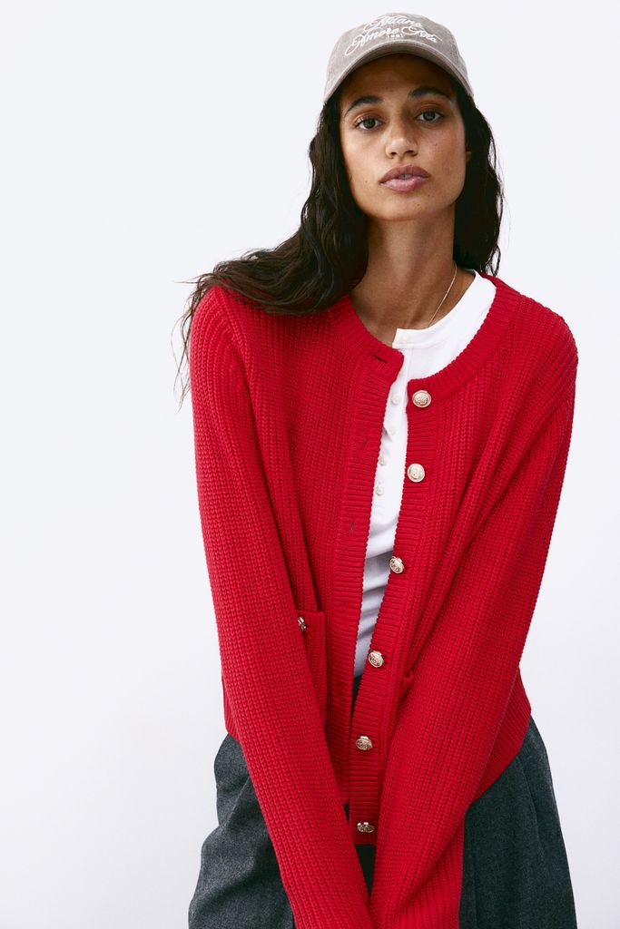 h and m red cardigan 