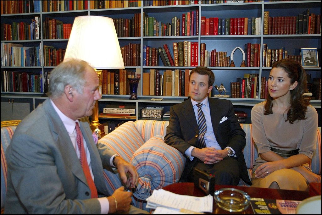 French Library : Comte Etienne Of Monpezat Interviewing Crown Prince Frederik And His Fiancee Mary Donaldson in Fredensborg, Denmark on October 08, 2003