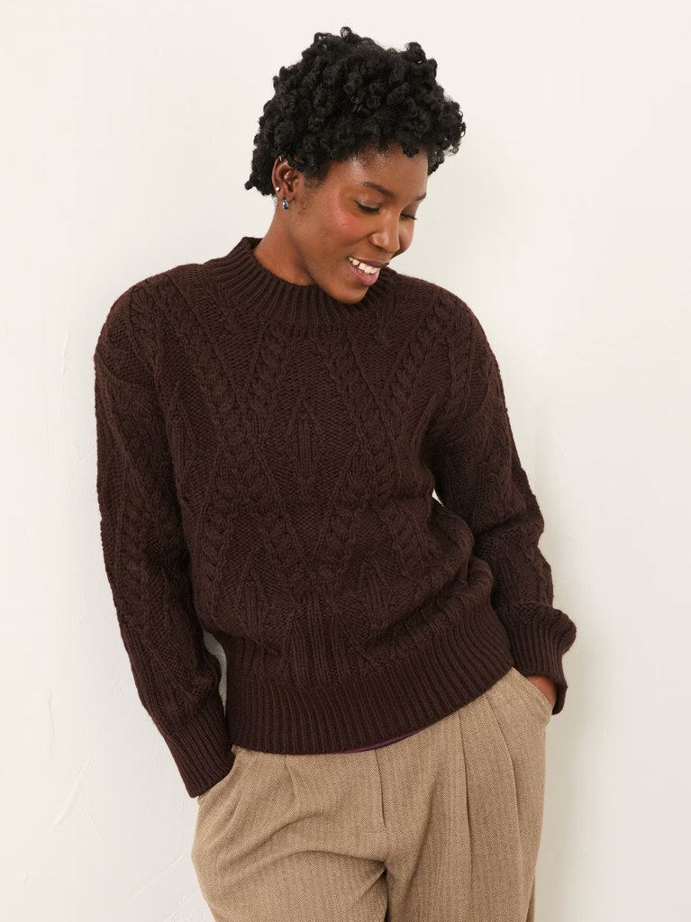 Casey Chocolate Brown Cable Knitted Crew Neck Jumper