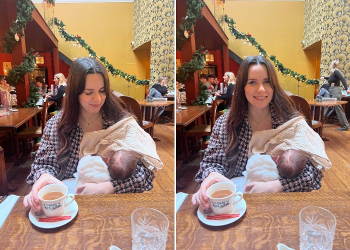 woman breastfeeding in cafe