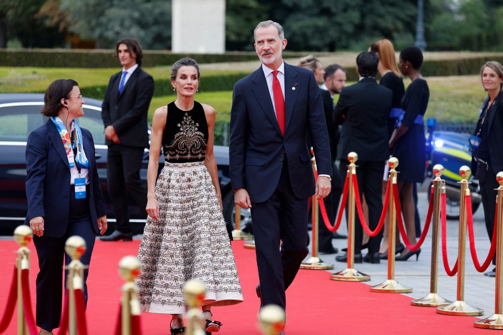 Spain's King Felipe VI and Spain's Queen Letizia arrive to attend a gala dinner hosted by the International Olympic Committee (IOC) 