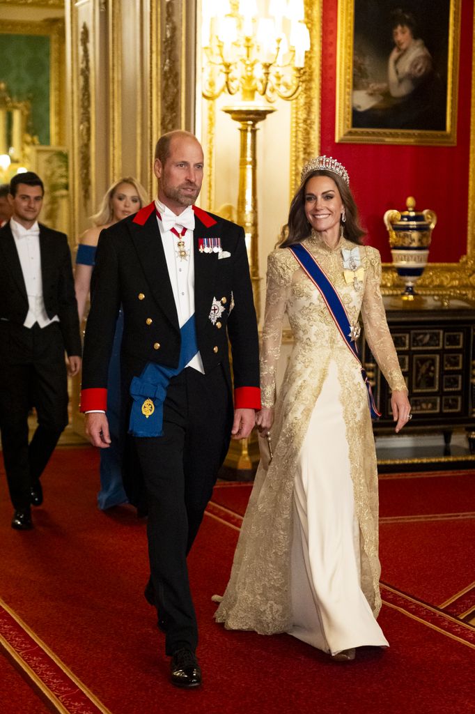 WINDSOR, ENGLAND - SEPTEMBER 17:  Catherine, Princess of Wales and Prince William, Prince of Wales arrive for the State Banquet hosted by King Charles III and members of the Royal Family at Windsor Castle during the state visit by the President of the United States of America on September 17, 2025 in Windsor, England. President Trump is in England from Sept. 16-18 on his second UK state visit, with the previous one taking place in 2019 during his first presidential term.  (Photo by Aaron Chown-WPA Pool/Getty Images)