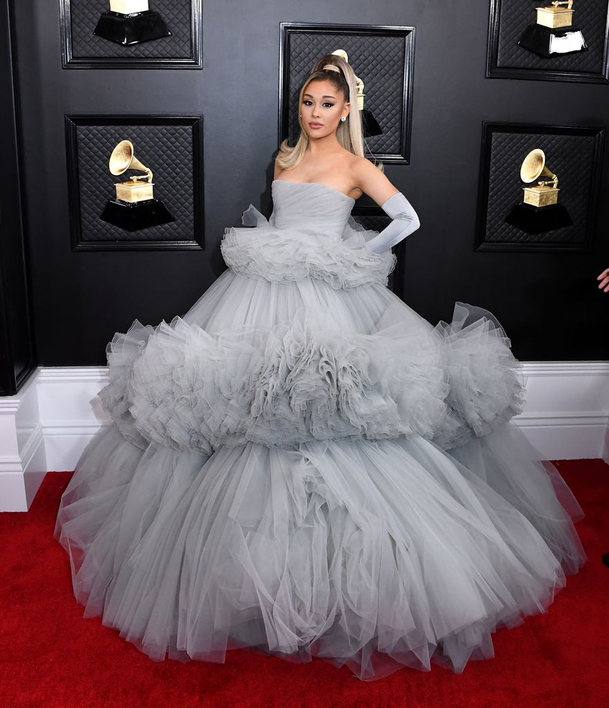 Ariana Grande wears a grey Giambattista Valli to the 2020 Grammy Awards