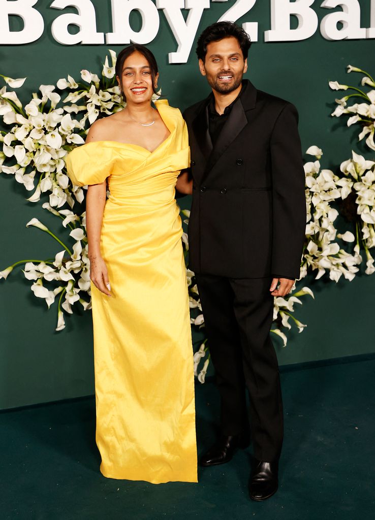 Jay Shetty (R) and wife Radhi Devlukia-Shetty attend the Baby2Baby gala at Pacific Design Center in West Hollywood, California, November 9, 2024