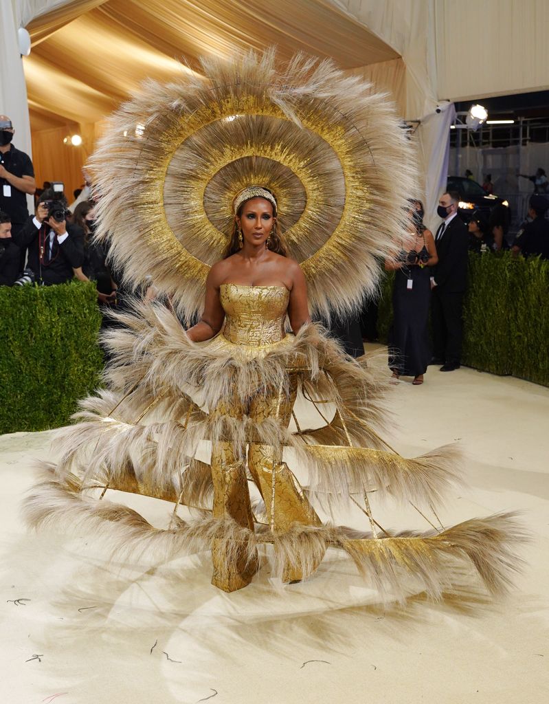 Iman at Met Gala in a feathered look