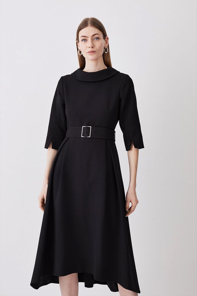 Karen Millen Structured Crepe Roll Neck Dip Hem Midi Dress