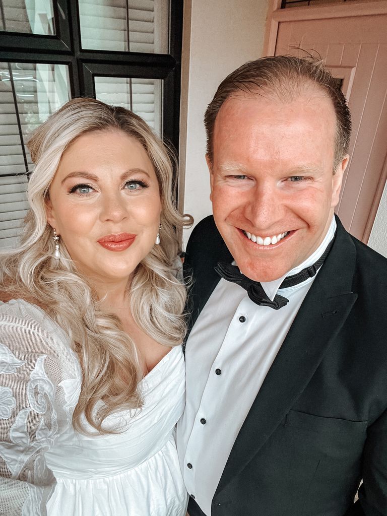 Louise Pentland with husband to be in black tie