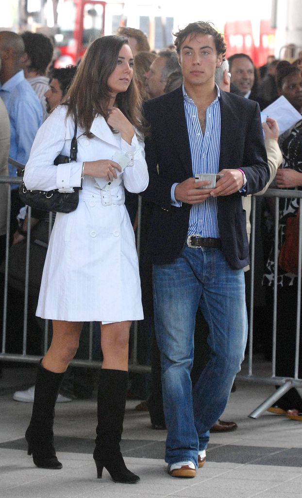 Kate middleton in white trench coat and boots with her brother James 