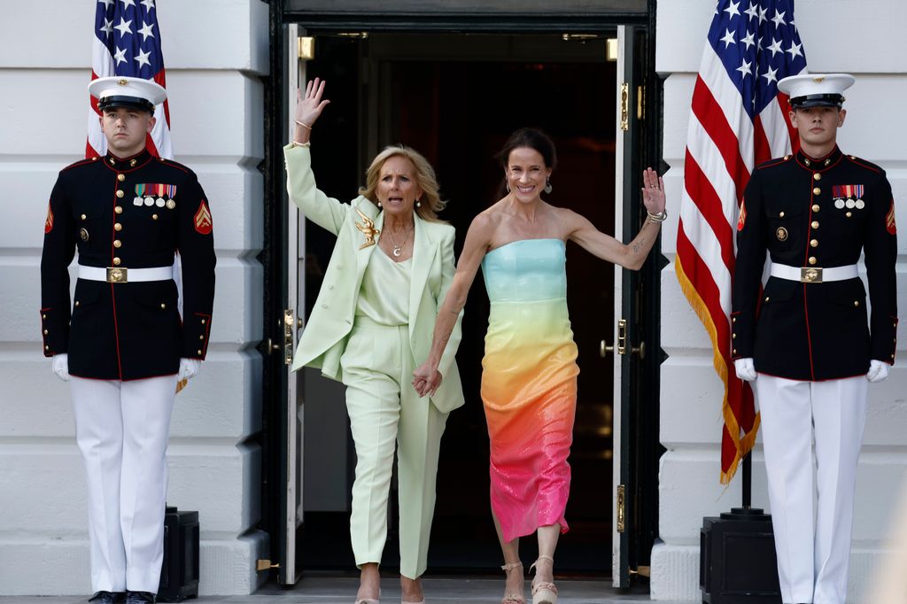 U.S. First lady Jill Biden and Ashley Biden, daughter of U.S. President Joe Biden, arrive to a Pride celebration on the South Lawn of the White House on June 26, 2024