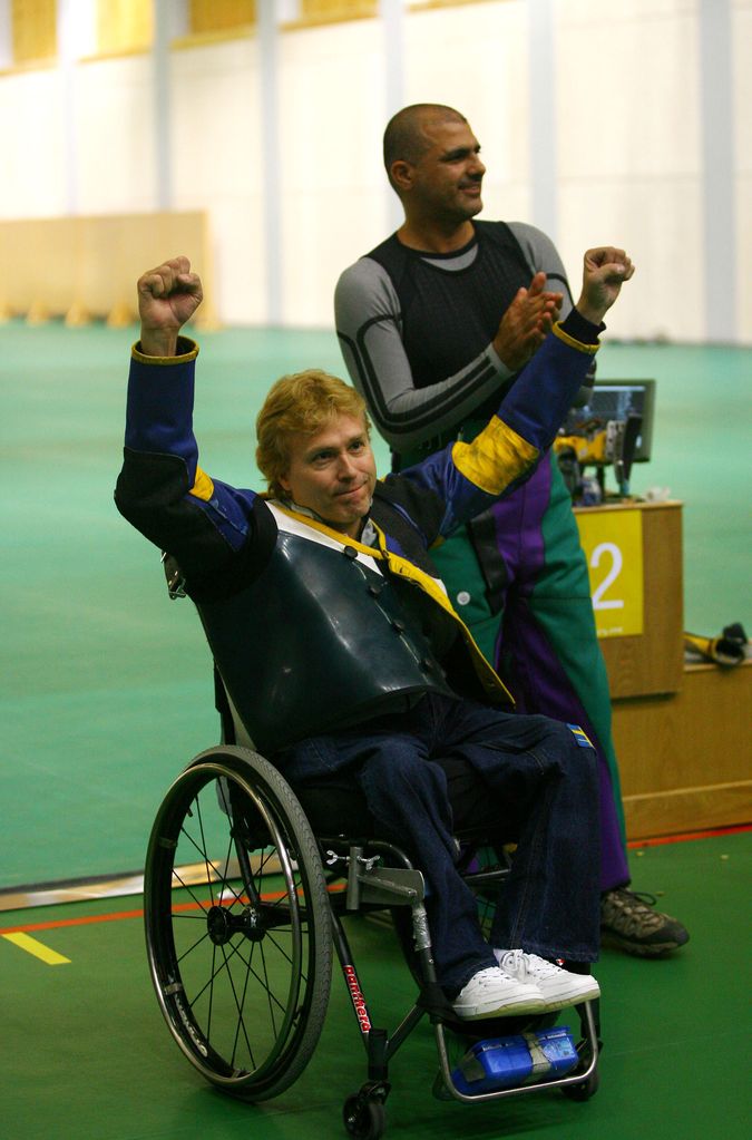 Jonas Jacobsson of Sweden celebrates after winning the Men's R7-50m Free Rifle 3x40-SH1 Final Shooting event at the Beijing Shooting Range Hall during day four of the 2008 Paralympic Games on September 10, 2008 in Beijing, China.