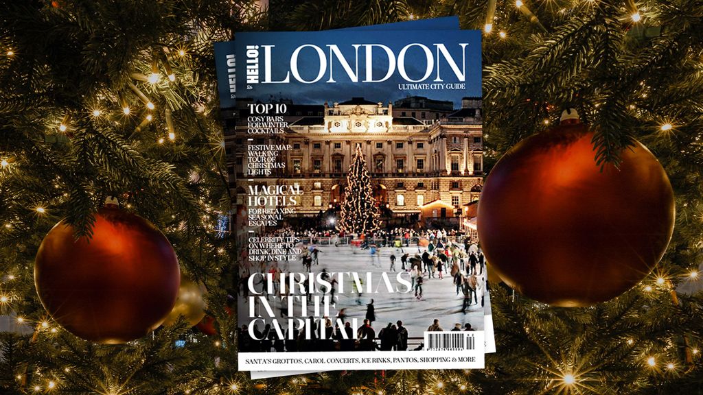 HELLO London magazine inset imposed on close-up of a Christmas tree with red baubles