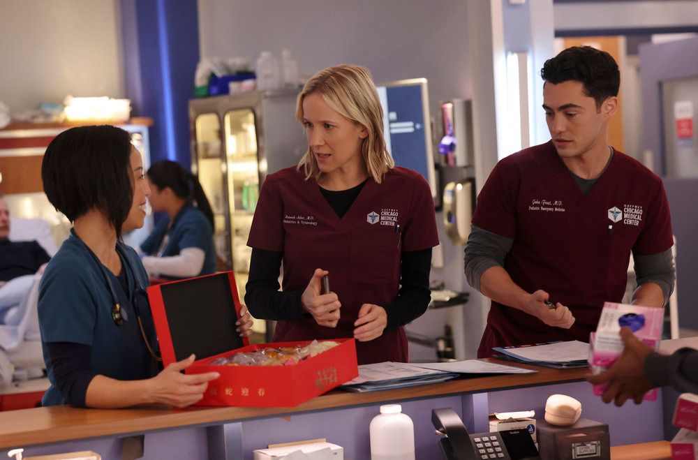 Lynnette Li as Nurse Nancy, Jessy Schram as Dr. Hannah Asher, Darren Barnet as Dr. John Frost in Chicago Med season 10 episode 10