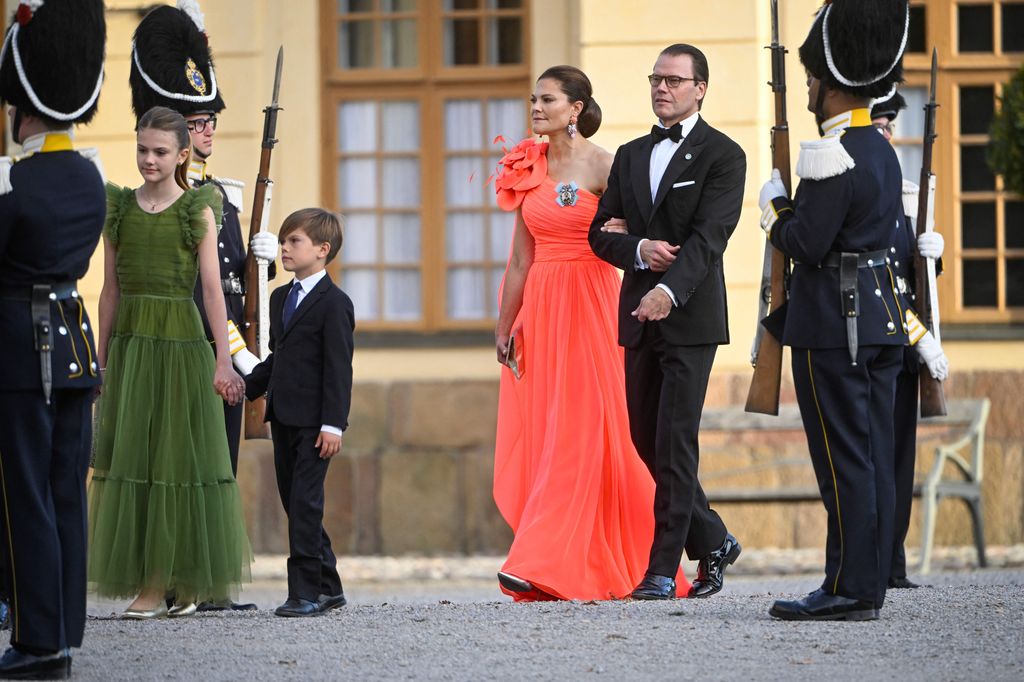 Sweden's Princess Estelle, Prince Oscar, Crown Princess Victoria and Prince Daniel arrive at Drottningholm Palace Theatre in Stockholm