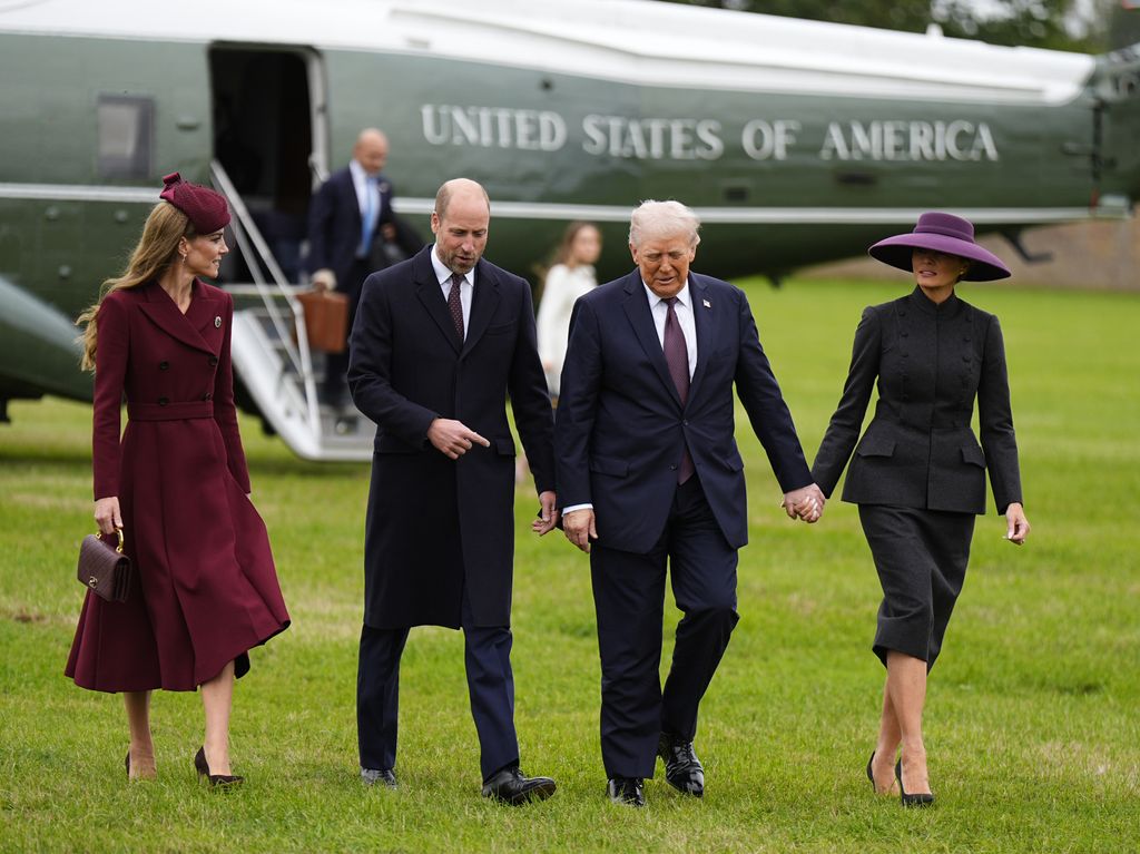 Melania in a Christian Dior Haute Couture dark gray suit walking with Princess and Prince of Wales and President Donald Trump