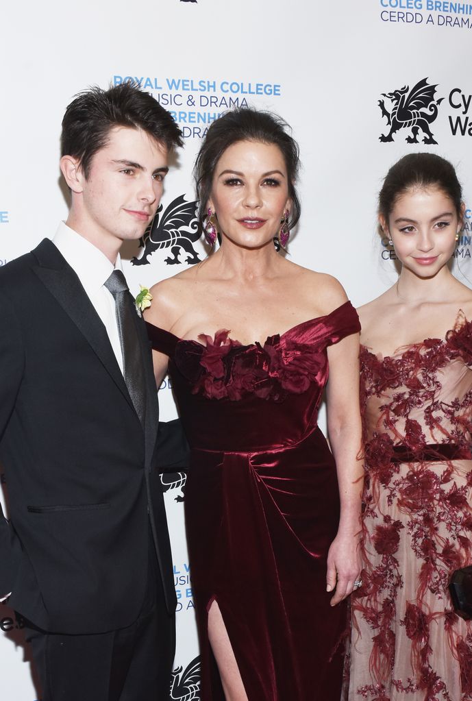 Dylan Michael Douglas,  Catherine Zeta-Jones and Carys Zeta Douglas attend The Royal Welsh College of Music & Drama 2019 Gala at The Rainbow Room on March 1, 2019 in New York City