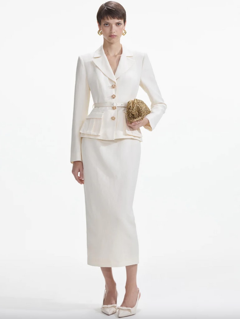 Self Portrait - Cream Linen Tailored Midi Dress