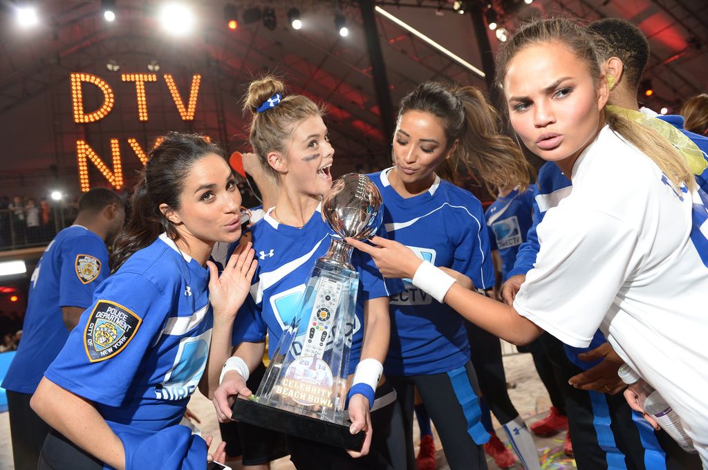  (L-R) Meghan Markle, Nina Agdal,  Shay Mitchell and Chrissy Teigen participate in the DirecTV Beach Bowl 